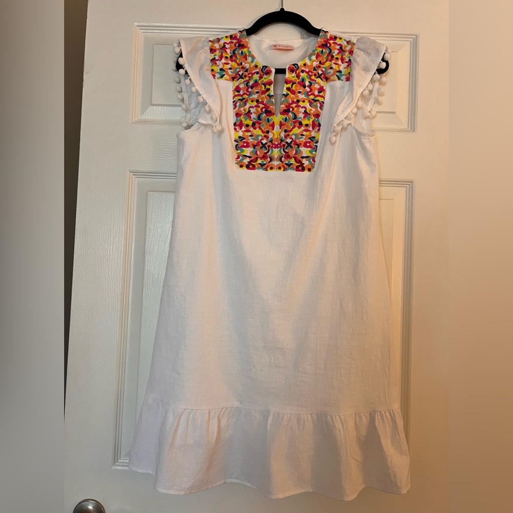 White Sleeveless Casual Dress with Multicolor Embroidered Yoke